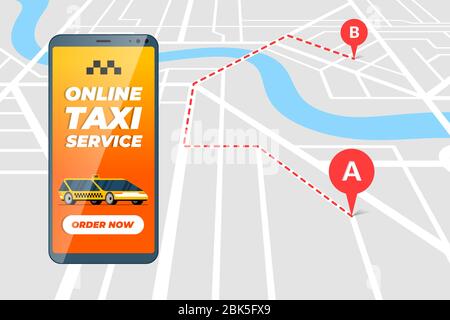 Smartphone mit Online Taxi Bestellservice App Konzept. Taxi Transfer Route und Geotag gps Position PIN Ankunft Adresse auf der Karte. Holen Sie sich Taxicab Positionierung Anwendung flache Vektor eps Illustration Stock Vektor