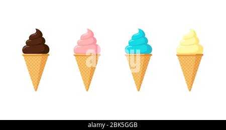 Köstliches mehrfarbiges Eis im Waffelkegel-Set. Vanille-Schokolade und Pistazien Erdbeere Geschmack isoliert Eis auf weißem Hintergrund. Cute flache Cartoon-Stil Illustration für Produktdesign Stock Vektor