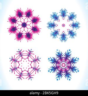 Set von Schneeflocken, Fraktale oder Mandalas ideal für weihnachten oder ethnische Verwendung. Handgezeichnete Aquarelldarstellung. Bunte Vektor Schneeflocke isoliert auf w Stock Vektor