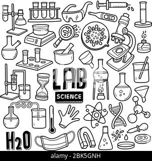 Klinische Laborwissenschaften Doodle Zeichnung Sammlung. Elemente wie Laborgeräte, Experimente usw. sind enthalten. Hand gezeichneter Vektor Doodle Illust Stock Vektor