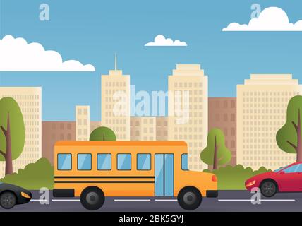 Autos Fahren City Street Panorama Urban Road Flat Vektor. Auto Stau Vektor Illustration Stock Vektor