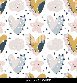 Nahtloses Kindermuster mit handgezeichneten Herzen, Sternen und Wolken. Vector kreative skandinavische Kinder Textur für Stoff, Verpackung, Textil, Tapete Stock Vektor