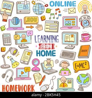 Set von Lernen von Hom Vektor Cartoon Illustration Elemente. Verschiedene Objekte von Hand gezeichnetes Lernen von hom in Doodle Farbe. Stock Vektor