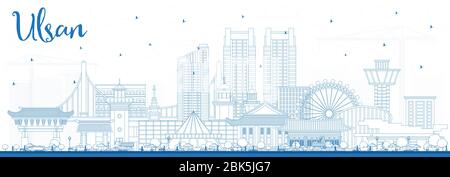 Skizzieren Sie die Skyline von Ulsan Südkorea mit blauen Gebäuden. Vektorgrafik. Stock Vektor