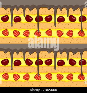 Nahtlose Muster Textur von geschnittenen Kuchen Sahne Schokolade Erdbeerkirsche. Vektorbild Stock Vektor