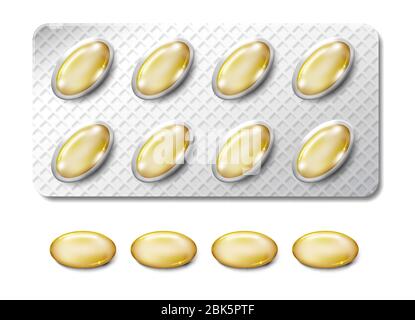 Transparente gelbe Kapsel des Medikaments in Blisterverpackung. Realistische Vitamin- oder Fischöl Vektor Illustration. Kapsel transluzenten pharmazeutischen Vektor Stock Vektor