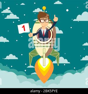 Glücklicher Geschäftsmann hält Nummer eins Flagge in Raketenschiff fliegen durch Sternenhimmel. Stock Vektor