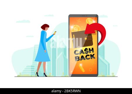 Konzept des Cashback-Treueprogramms. Geldbörse mit zurückgegebenen Münzen auf Smartphone-Bildschirm in Frau Hand auf Stadt Straße. Design des Refund Finance Service. Bonus Cash Back Symbol Vektor Illustration Stock Vektor