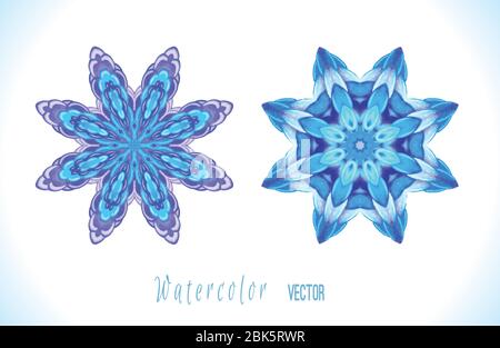 Set von Schneeflocken, Fraktale oder Mandalas ideal für Weihnachten oder ethnische Verwendung. Handgezeichnete Aquarelldarstellung. Bunte Vektor Schneeflocke isoliert auf w Stock Vektor