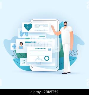 Online RX Medizinische Rezept und medizinische Check-up auf Smartphone, Vektor-Illustration. Arzt zeigt App auf dem Telefon mit Verschreibungen, medizinische Test und Stock Vektor