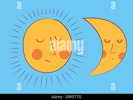 Die Sonne und der Mond - - Doodle Vektor Illustration, farbige Linien Kunst Stock Vektor