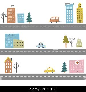 Cartoon niedliche Kinder Karte mit Auto, Straße, Stadt Landschaft Elemente. Autos, Gebäude, Straße von Hand gezeichnet, Kinder Spielzeugstil. Vektorgrafik. Stock Vektor