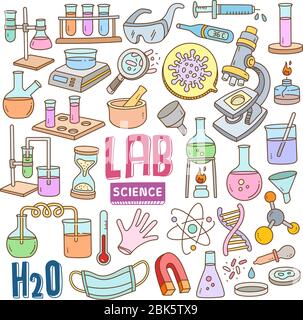 Satz von Labor-und Wissenschaft Vektor-Cartoon-Illustration Elemente. Verschiedene Objekte von Hand gezeichnetes Labor und Wissenschaft in Doodle Farbe. Stock Vektor