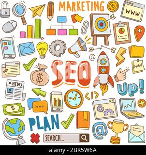 Satz von SEO Vektor Cartoon Illustration Elemente. Verschiedene Objekte der handgezeichneten Suchmaschinen-Optimierung in Doodle-Farbe. Stock Vektor