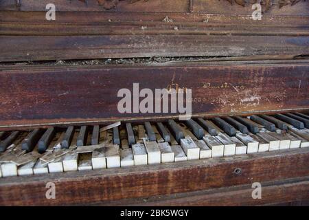 Schlüssel des alten und gebrochenen Klaviers Stockfoto