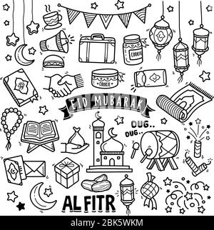 Satz von Vektor-Doodle-Element in Bezug auf Eid Mubarak. Satz von handgezeichneten Symbolen und Ikonen für heilige muslimische Fest Eid ul-Fitr. Stock Vektor