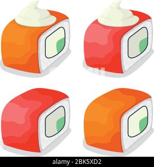 Stückfisch Thunfisch Lachs mit Reis, frische minnow Filet und Roll Sushi isoliert auf weiß, Cartoon Vektor-Illustration. Meeresfrüchte-Ikone, asiatische Mea Stock Vektor