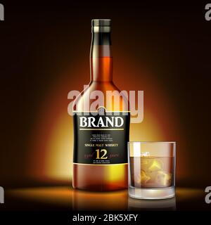 Single Malt Whiskey Drink ADS Design. Realistisches Glas Whiskey Flasche Etikett auf glänzendem Gold Hintergrund. Vektor 3d-Illustration Stock Vektor