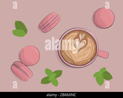 Art Latte und Macarons in rosa Farben mit Minzblättern. Flaches Lay. Vektorgrafik. Stock Vektor