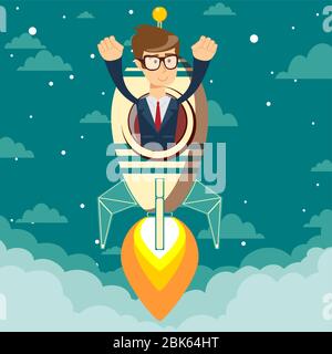 Glücklicher Geschäftsmann in einem Raketenschiff, das in den Sternenhimmel startet. Stock Vektor
