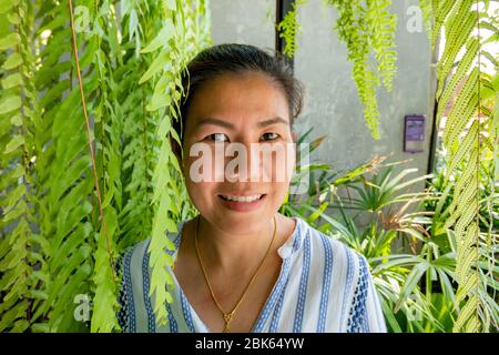 Eine Asiatin steht neben der Gruppe von Farnblättern im Restaurant. Pranburi, Thailand - 1. April 2020 Stockfoto