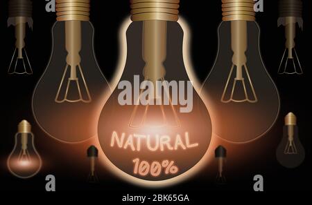 Konzeptionelle Handschrift zeigt natürliche 100 Prozent. Konzept bedeutet minimal verarbeitet und enthält keine künstlichen Aromen Stockfoto