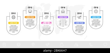 Vektor-Infografik mit 6 Etiketten und Symbolen. Vorlage von sechs erfolgreichen Geschäftsoptionen. Flaches Design für Diagramm, Präsentationen, Banner, Diagramm, Zeit Stock Vektor