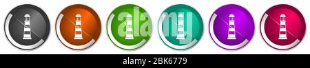 Leuchtturm Symbol Set, Navigation, Meer Silber metallic Chrom Grenze Vektor Web-Buttons in 6 Farben Optionen für webdesign Stock Vektor