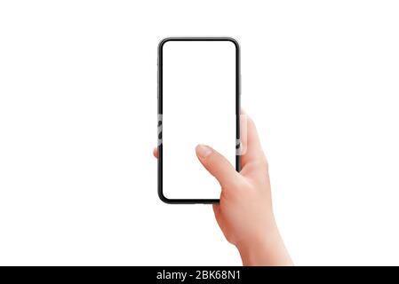 Moderne Telefon Mockup in Frau Hand isoliert in weiß. Retuschierte Hand hält das Telefon mit dem Daumen, der die Oberfläche des Bildschirms berührt Stockfoto