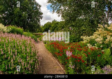 Blick auf den Garten mit Bleipfad Stockfoto