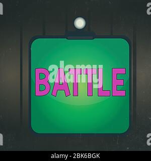 Schreiben Notiz zeigt Schlacht. Geschäftskonzept für gewalttätigen Kampf zwischen Gruppen von Zeigen oder zwischen militärischen Kräften Clipboard Bunte Hintergrund spr Stockfoto