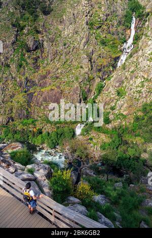 Arouca, Portugal - 28. April 2019: Junger Rucksacktourist, der den Paiva-Fluss und den Aguieiras-Wasserfall auf den Paiva-Gehwegen in der Nähe von Arou betrachtet Stockfoto