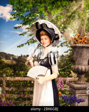 Porträt einer eleganten Jane Austen Stil Frau durch die Landschaftan einem Sommertag, Regency Kleid, 3d-Rendering Stockfoto