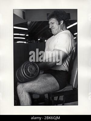 Der ehemalige Weltmeister Bruno Sammartino rollt in einem Fitnessstudio in Midtown Manhattan, New York City, sehr schwere Gewichte. Ca. 1975. Stockfoto