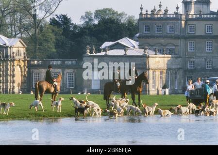 Jäger auf dem Pferderücken mit einer Rudel von Foxhounds, die sich im Lake at the Badminton House Estate, Gloucestershire, England, Großbritannien, abkühlen Stockfoto