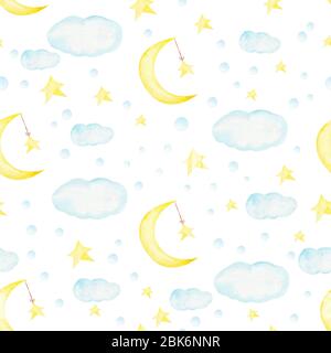 Kindisch Stil digitales Papier Aquarell Halbmond, Stern, Wolke nahtloses Muster für Kinder tragen. Handgezeichnete Illustration für Kindergewebe, Verpackung, Stockfoto