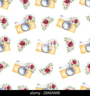 Nahtlose Muster Aquarell gelb Retro Blumen Retro Kameras Clipart. Digital Papier handgefertigten Hintergrund. Grafische Darstellung. Stockfoto