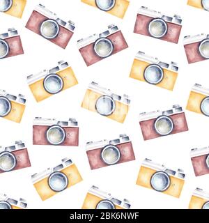 Aquarell Vintage Retro Kameras Clipart nahtloses Muster. Handbemaltes Digitalpapier. Grafische Illustration für Stoff Textil, diy, Scrapbooking, Bac Stockfoto