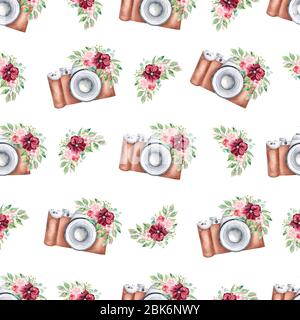 Aquarell Vintage Kamera nahtlose Muster. Digitalpapier mit Blumenkameras Clipart Illustration. DIY Stoff Textil Grafik. Stockfoto