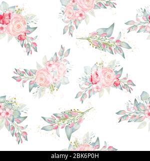 Rosa Blüten und grüne Blätter. Aquarell nahtlose Muster floralen Bouquet Grün Clipart. Handgeschöpftes Digitalpapier für diy, Scrapbooking, Hochzeit Grap Stockfoto