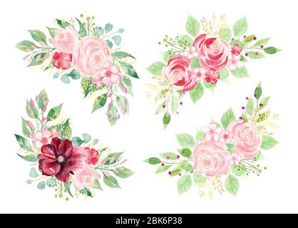 Handbemaltes Set mit floralen Elementen. Aquarellklipteil. Botanische Illustration von rosa und burgunderroten Blumen und grünen Blättern isoliert auf weißem Hintergrund Stockfoto