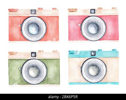 Pastell Farbe Retro Kameras Aquarell Clipart Kollektion. Handgemalte Illustration isoliert auf weißem Hintergrund. Fotografie Logo Design Grafiken. Stockfoto