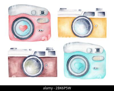 Vintage Retro-Kameras Aquarell Clipart. Illustration für Fotografie Logo, Karte, Design. Handgemalte Kunstwerke isoliert auf weißem Hintergrund. Stockfoto