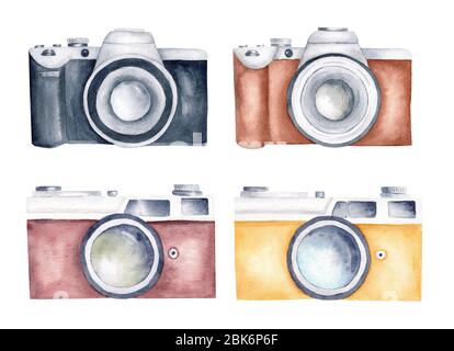 Kameras Aquarell Clipart Set. Vintage Retro Fotokamera handbemalte Illustration. Designelemente auf weißem Hintergrund isoliert. Stockfoto