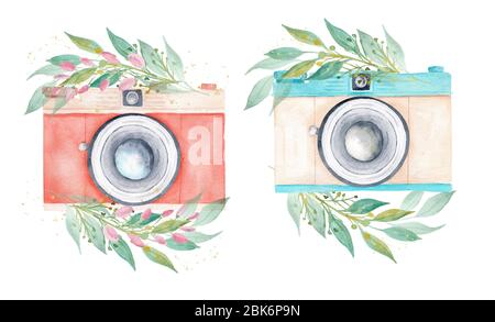 Aquarell Retro-Kameras und Grün Clipart. Hand bemalte Pastellfarbe Illustration isoliert auf weiß. Stockfoto