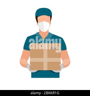 Lieferung von Waren während der Prävention von Coronovirus, Covid-19. Kurier in einer Gesichtsmaske mit einer Schachtel in den Händen. Vektor flache Abbildung Stock Vektor