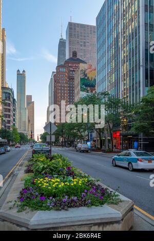 Blick auf den frühen Morgenverkehr auf der North Michigan Avenue, Chicago, Illinois, USA, Nordamerika Stockfoto
