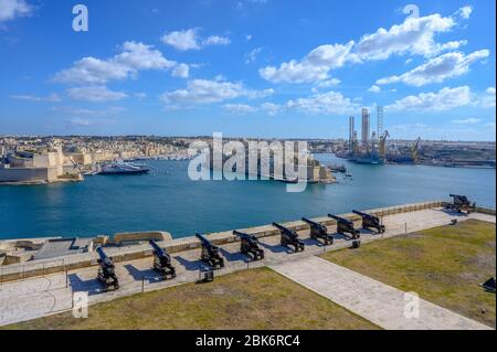 Ansicht der 3 Städte von der Salutakku in Valletta, Malta. Stockfoto