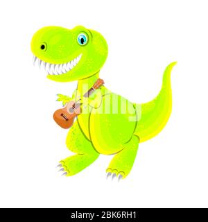 Dinosaurier Spielt Ukulele. Isoliert auf weiß. Vektorgrafik, flacher Stil Stock Vektor