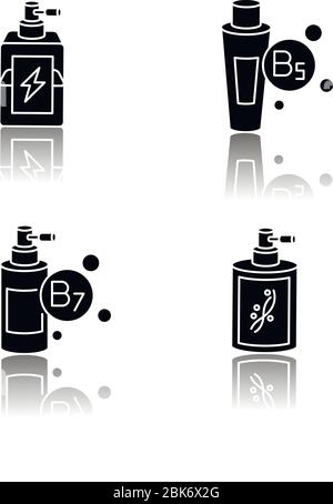 Haaröle Drop Schatten schwarz Glyph Symbole gesetzt. Exotischer Baobab-Fruchtextrakt. Macadamia Nüsse für die Haarpflege. Kalahari Melone kosmetisches Produkt. Isoliert Stock Vektor